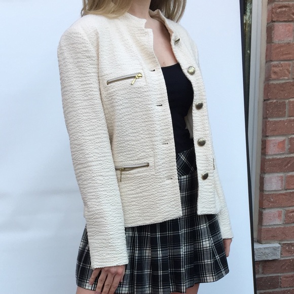 Zara Creamy Beige Cotton Tweed Blazer Metal Zippers Buttons Long Sleeve US M-L - Picture 6 of 13